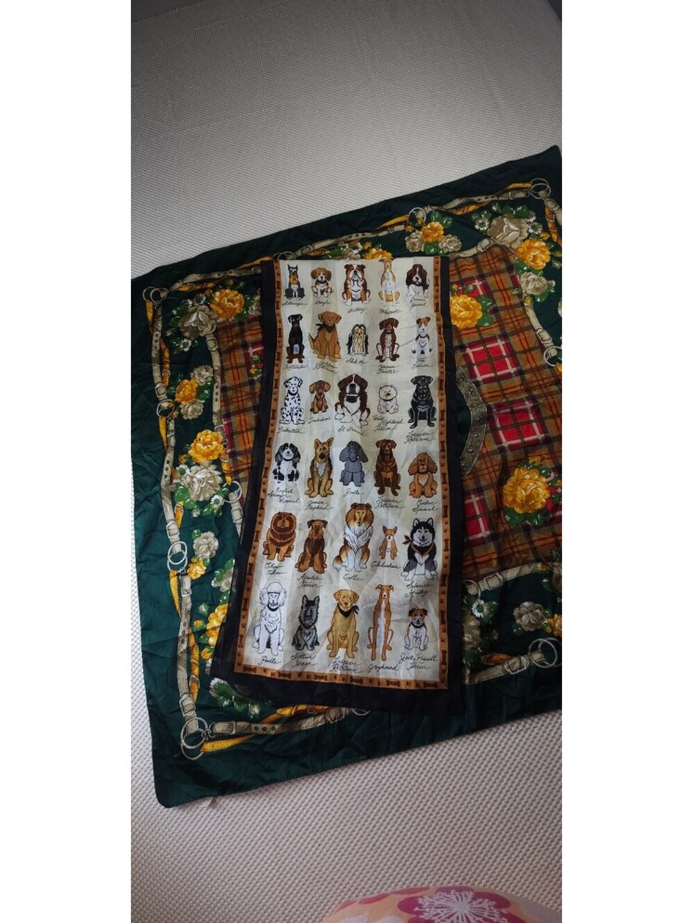 Set of 2 Scarfs with Dog Illustrations and Floral Plaid Pattern Made in Italy